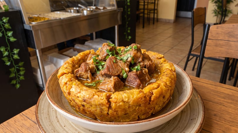Mofongo bowl filled with stewed meat and gravy, garnished with fresh parsley on a wooden table.